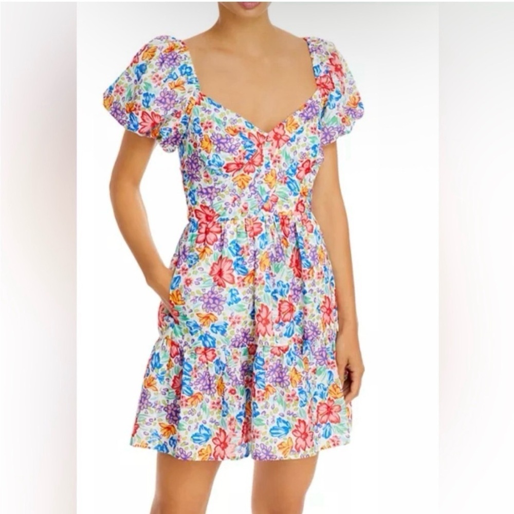 Aqua Floral Puff Sleeve Mini Dress Small Multicolor Spring Kentucky Derby Garden